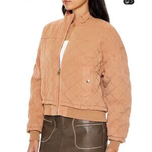 NWT Camel Quilted Zip Up Bomber Jacket, Cozy, Lined, High Neck, Size XS
